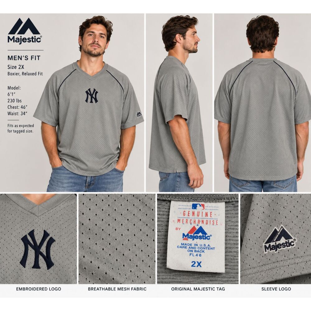 Vintage Majestic New York Yankees Gray Mesh V-Neck Jersey Shirt 2X Made in USA
